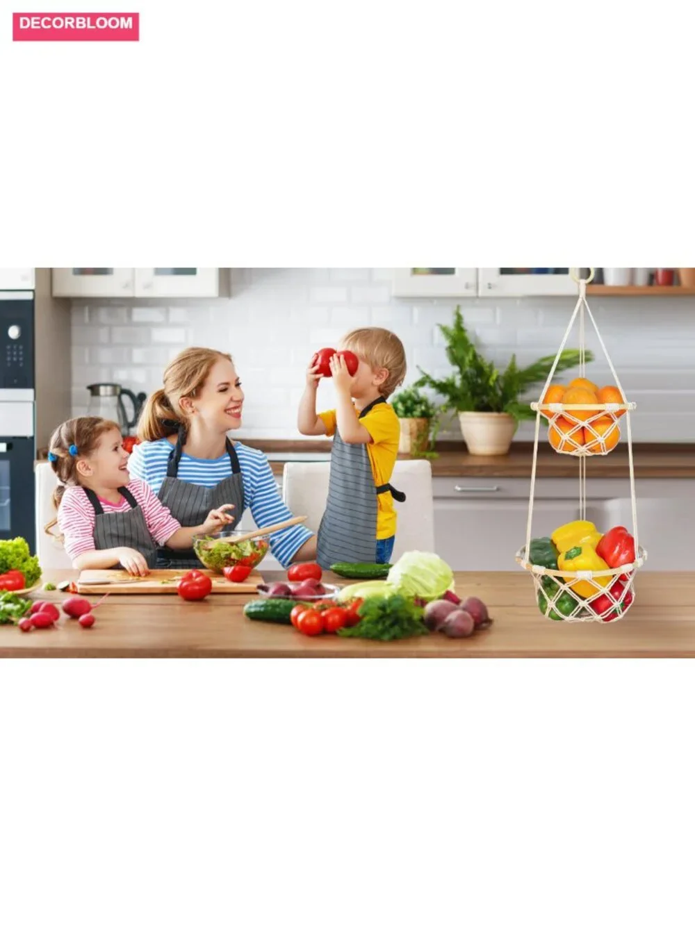 2 Tier Macrame Hanging Fruit Basket Boho Kitchen Storage with Hook
